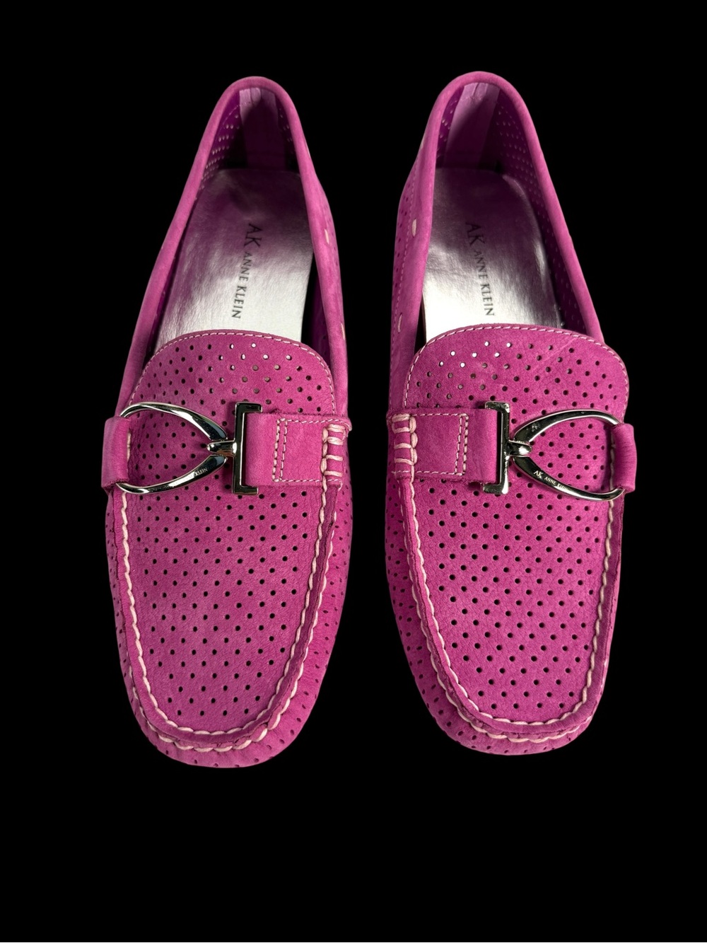 Anne Klein Bright Fuchsia Suede Perforated Loafers with Silver Bit